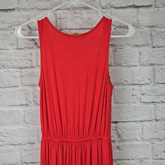 Finn & Clover Red Lace Maxi Dress Sleeveless Sheer Chevron Panel Bohemian Casual - Picture 9 of 10